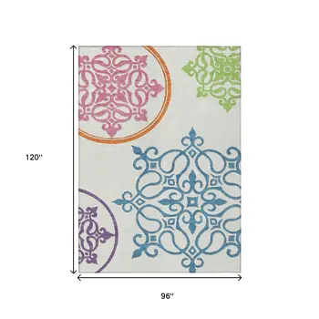 8' X 10' White Floral Medallion Washable Indoor Outdoor Area Rug