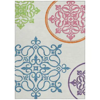 9' X 12' White Floral Medallion Washable Indoor Outdoor Area Rug