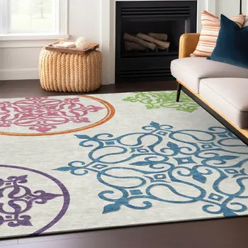 9' X 12' White Floral Medallion Washable Indoor Outdoor Area Rug