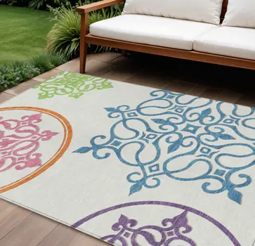 10' X 14' White Floral Medallion Washable Indoor Outdoor Area Rug