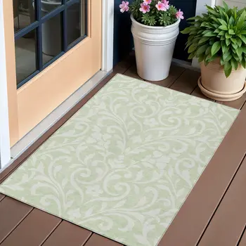 3' X 5' Artichoke Green And Ivory Floral Washable Indoor Outdoor Area Rug