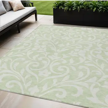 5' X 8' Artichoke Green And Ivory Floral Washable Indoor Outdoor Area Rug