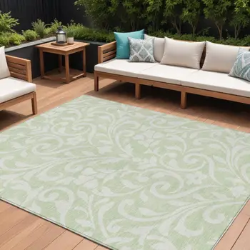10' X 14' Artichoke Green And Ivory Floral Washable Indoor Outdoor Area Rug