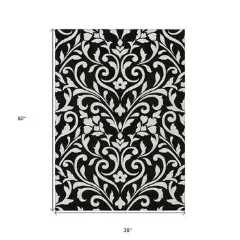 3' X 5' Black And Ivory Floral Washable Indoor Outdoor Area Rug