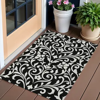 3' X 5' Black And Ivory Floral Washable Indoor Outdoor Area Rug