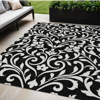 5' X 8' Black And Ivory Floral Washable Indoor Outdoor Area Rug