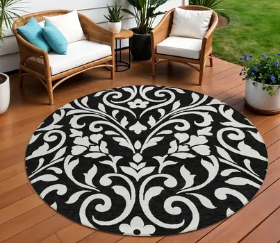 8' Black And Ivory Round Floral Washable Indoor Outdoor Area Rug