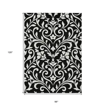 8' X 10' Black And Ivory Floral Washable Indoor Outdoor Area Rug