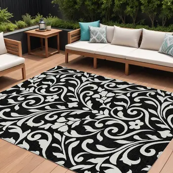 8' X 10' Black And Ivory Floral Washable Indoor Outdoor Area Rug