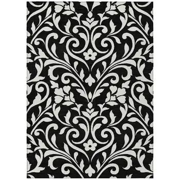 8' X 10' Black And Ivory Floral Washable Indoor Outdoor Area Rug