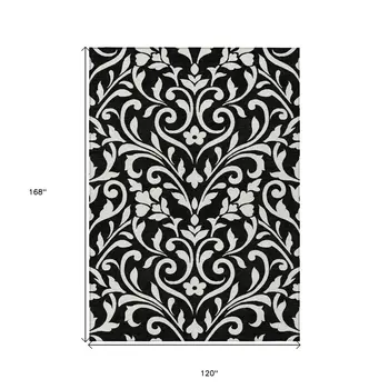 10' X 14' Black And Ivory Floral Washable Indoor Outdoor Area Rug
