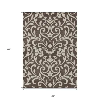 3' X 5' Chocolate And Ivory Floral Washable Indoor Outdoor Area Rug