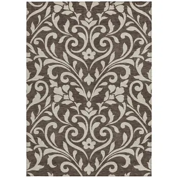 5' X 8' Chocolate And Ivory Floral Washable Indoor Outdoor Area Rug
