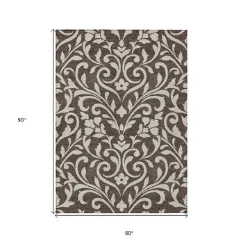 5' X 8' Chocolate And Ivory Floral Washable Indoor Outdoor Area Rug