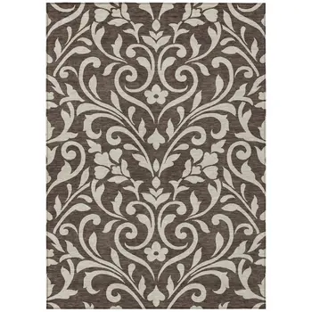 5' X 8' Chocolate And Ivory Floral Washable Indoor Outdoor Area Rug