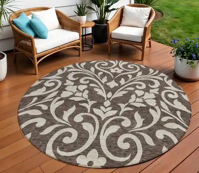 8' Chocolate And Ivory Round Floral Washable Indoor Outdoor Area Rug