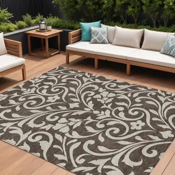 8' X 10' Chocolate And Ivory Floral Washable Indoor Outdoor Area Rug