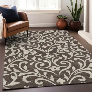 8' X 10' Chocolate And Ivory Floral Washable Indoor Outdoor Area Rug