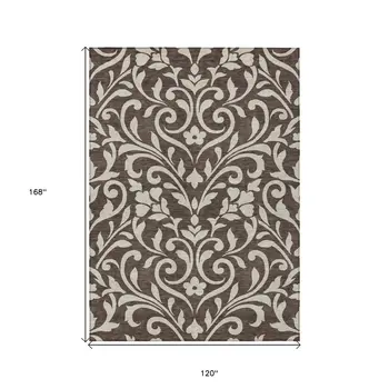 10' X 14' Chocolate And Ivory Floral Washable Indoor Outdoor Area Rug
