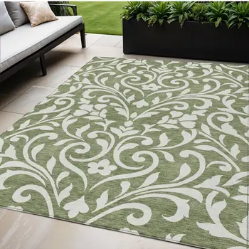5' X 8' Fern Green And Ivory Floral Washable Indoor Outdoor Area Rug