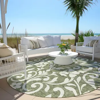 8' Fern Green And Ivory Round Floral Washable Indoor Outdoor Area Rug
