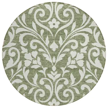 8' Fern Green And Ivory Round Floral Washable Indoor Outdoor Area Rug