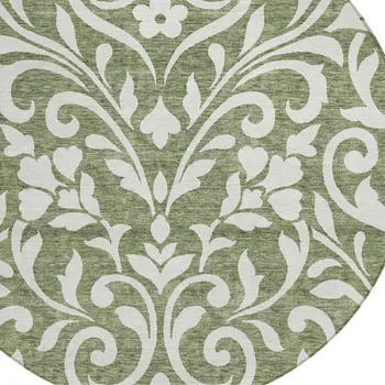 8' Fern Green And Ivory Round Floral Washable Indoor Outdoor Area Rug