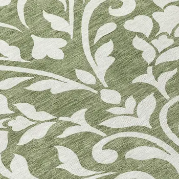8' Fern Green And Ivory Round Floral Washable Indoor Outdoor Area Rug