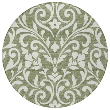 8' Fern Green And Ivory Round Floral Washable Indoor Outdoor Area Rug
