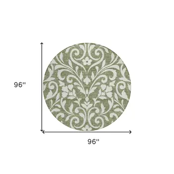 8' Fern Green And Ivory Round Floral Washable Indoor Outdoor Area Rug