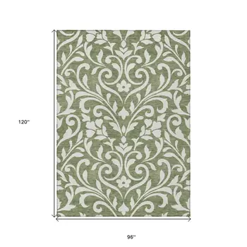 8' X 10' Fern Green And Ivory Floral Washable Indoor Outdoor Area Rug