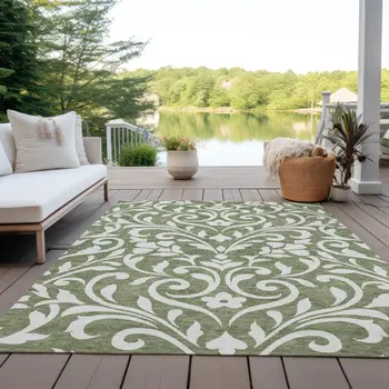 8' X 10' Fern Green And Ivory Floral Washable Indoor Outdoor Area Rug