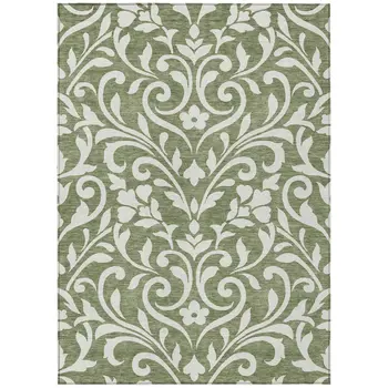 8' X 10' Fern Green And Ivory Floral Washable Indoor Outdoor Area Rug