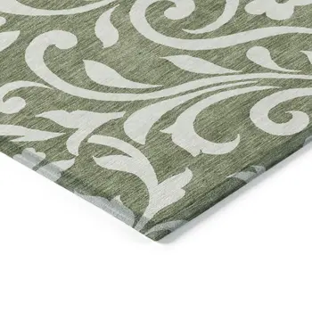 8' X 10' Fern Green And Ivory Floral Washable Indoor Outdoor Area Rug