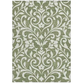 9' X 12' Fern Green And Ivory Floral Washable Indoor Outdoor Area Rug