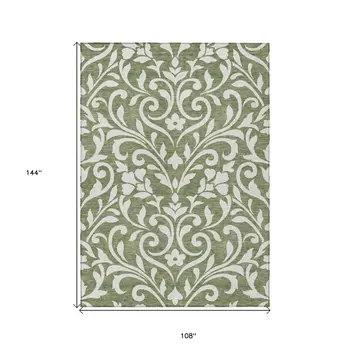 9' X 12' Fern Green And Ivory Floral Washable Indoor Outdoor Area Rug