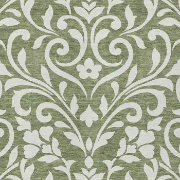9' X 12' Fern Green And Ivory Floral Washable Indoor Outdoor Area Rug