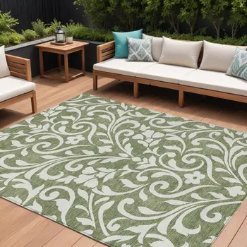 10' X 14' Fern Green And Ivory Floral Washable Indoor Outdoor Area Rug