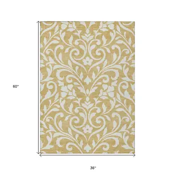 3' X 5' Gold And Beige Floral Washable Indoor Outdoor Area Rug