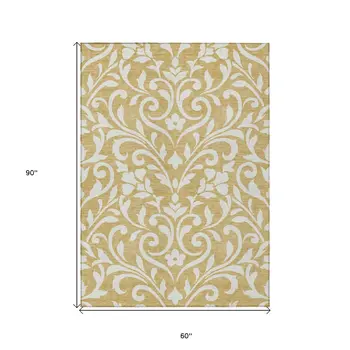 5' X 8' Gold And Beige Floral Washable Indoor Outdoor Area Rug