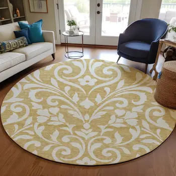 8' Gold And Beige Round Floral Washable Indoor Outdoor Area Rug