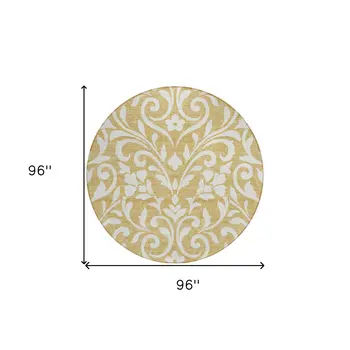 8' Gold And Beige Round Floral Washable Indoor Outdoor Area Rug