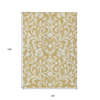 8' X 10' Gold And Beige Floral Washable Indoor Outdoor Area Rug