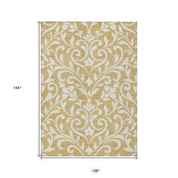 9' X 12' Gold And Beige Floral Washable Indoor Outdoor Area Rug