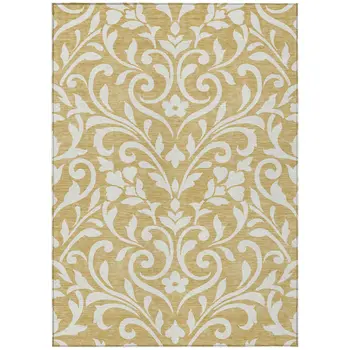 9' X 12' Gold And Beige Floral Washable Indoor Outdoor Area Rug