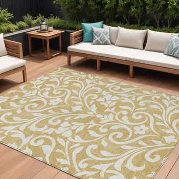10' X 14' Gold And Beige Floral Washable Indoor Outdoor Area Rug