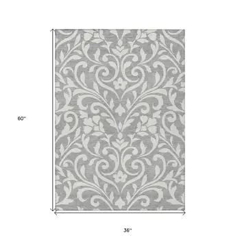 3' X 5' Gray And Ivory Floral Washable Indoor Outdoor Area Rug