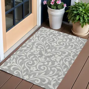 3' X 5' Gray And Ivory Floral Washable Indoor Outdoor Area Rug