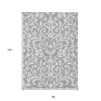 8' X 10' Gray And Ivory Floral Washable Indoor Outdoor Area Rug