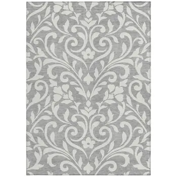 10' X 14' Gray And Ivory Floral Washable Indoor Outdoor Area Rug